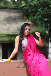 Pink Handloom Cotton Saree With White Designer Print Blouse